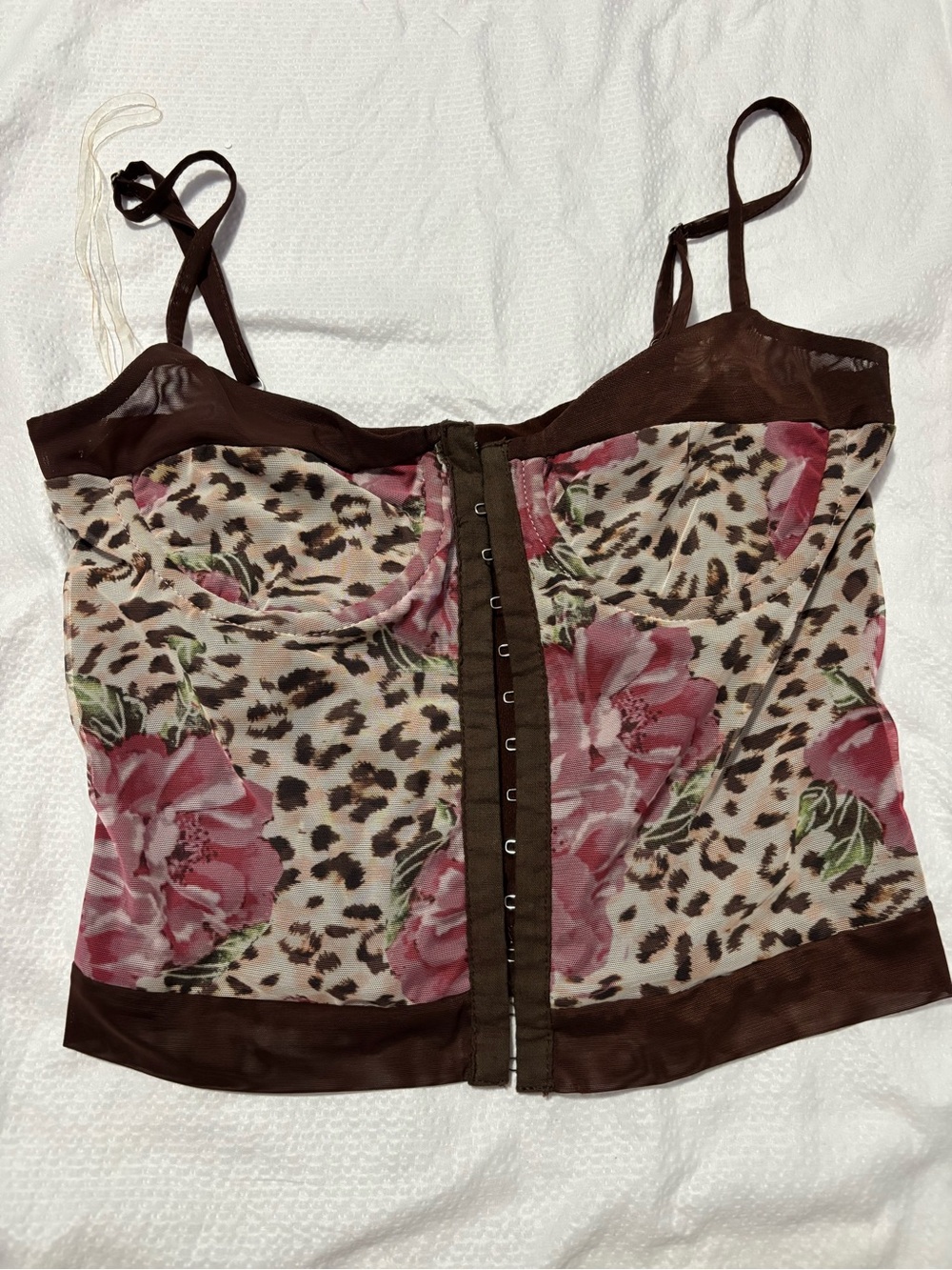 Princess Polly Brown Leopard Print Mesh Bustier with Pink Floral
